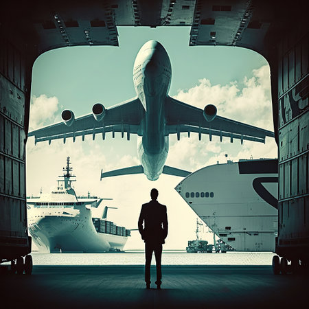 Ai generated illustration silhouette of  businessman infront of  Container port and container ship transportation and aeroplane.の素材