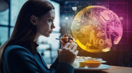 ai generated illustration about Technology and people concept. woman use AI to help work, Young  woman with wonder, curiosity, looking at holographic digital displayの素材