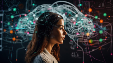 ai generated illustration about Technology and people concept. woman use AI to help work, Young  woman with wonder, curiosity, looking at holographic digital displayの素材