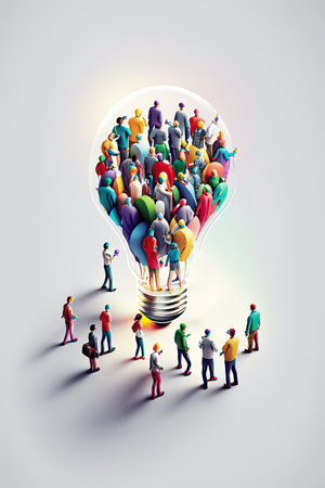 ai generated illustration of tiny people series, sharing thought, ideas by communicated and brainstormingの素材