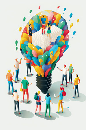 ai generated illustration of tiny people series, sharing thought, ideas by communicated and brainstormingの素材