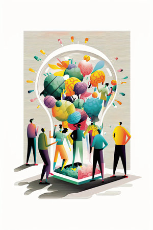 ai generated illustration of tiny people series, sharing thought, ideas by communicated and brainstormingの素材