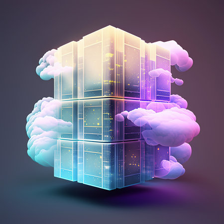 ai generated  illustration of Cloud computing concept in pastel color .This image consists of cloud, computer servers and connectivity between cloud and servers.の素材