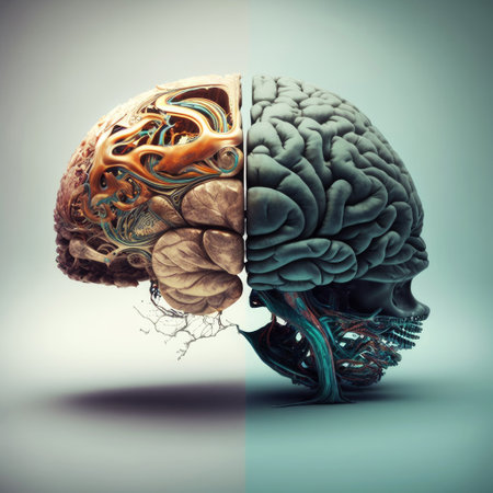 Ai generated illustration about the human brain and computer, Left and right human brain. The right creative hemisphere and the left logical hemisphereの素材