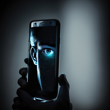 Ai generated illustration of big eye  in your smartphone, the concept of permanent global covert surveillance using mobile devices, security of computer systems and networks, privacyの素材