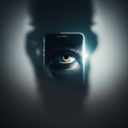 Ai generated illustration of big eye  in your smartphone, the concept of permanent global covert surveillance using mobile devices, security of computer systems and networks, privacyの素材
