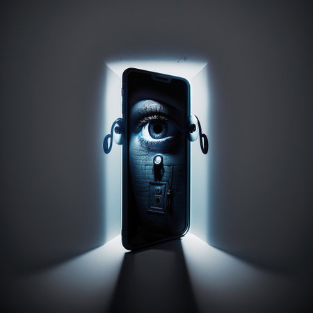 Ai generated illustration of big eye  in your smartphone, the concept of permanent global covert surveillance using mobile devices, security of computer systems and networks, privacyの素材