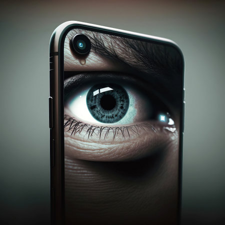 Ai generated illustration of big eye  in your smartphone, the concept of permanent global covert surveillance using mobile devices, security of computer systems and networks, privacyの素材