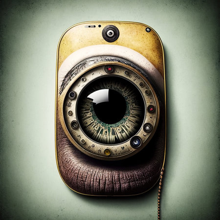 Ai generated illustration of big eye  in your smartphone, the concept of permanent global covert surveillance using mobile devices, security of computer systems and networks, privacyの素材
