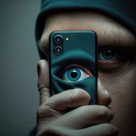 Ai generated illustration of big eye  in your smartphone, the concept of permanent global covert surveillance using mobile devices, security of computer systems and networks, privacyの素材