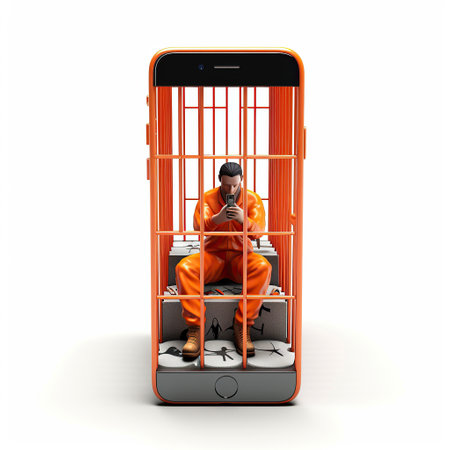 Ai generated illustration of Mobile Phone Prisoner. Addicted to cellphone. danger of being enslaved by new technologyの素材