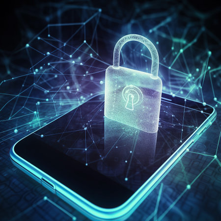 Ai generated illustration of mobile phone creative glowing digital padlock hologram on blurry dark background. Secure, safety and protection conceptの素材