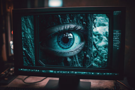 Ai generated illustration of big eye on digital display, the concept of permanent global covert surveillance using mobile devices, security of computer systems and networks, privacyの素材