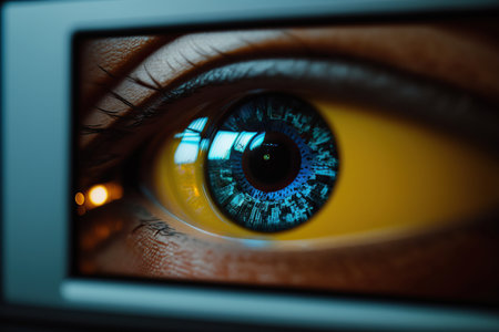 Ai generated illustration of big eye on digital display, the concept of permanent global covert surveillance using mobile devices, security of computer systems and networks, privacyの素材