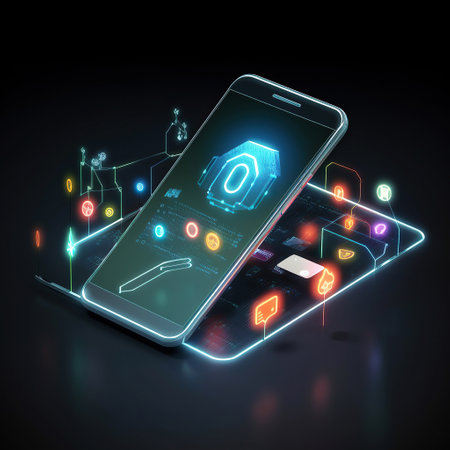 Ai generated illustration of mobile phone creative glowing digital padlock hologram on blurry dark background. Secure, safety and protection conceptの素材