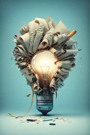 Ai generated illustration Brainstorm with  new creative ideas, light bulb covered with textileの素材