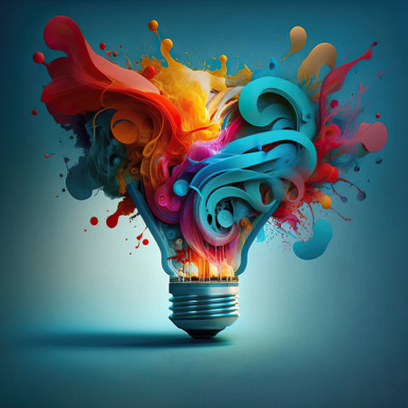 Ai generated illustration light bulb with colorful brain on dark background, creative thinking conceptの素材
