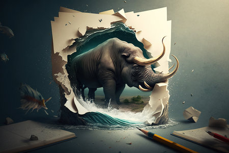 Ai generated illustration Brainstorm with new creative ideas, surreal elephant on torn paperの素材