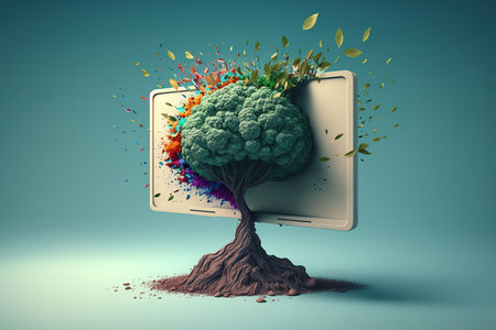 Ai generated illustration Brainstorm with  new creative ideas, human brain grow as tree agaist computerの素材