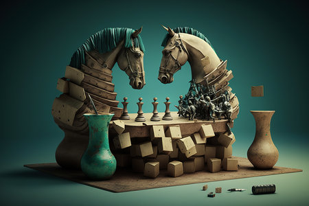 Ai generated illustration Brainstorm with new creative ideas, chess piece knight on chess boardの素材