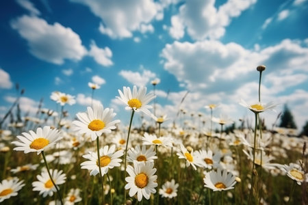 ai generated illustration of  Meadow of daisies and sun against cloudy sunny dayの素材