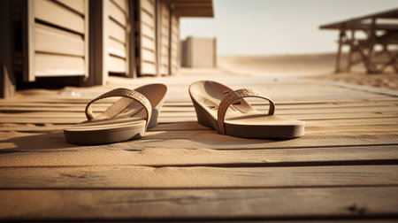 ai generated illustration of  selective focus of sandal on wooden backgroundの素材