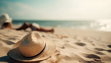 ai generated illustration of  tropical island with beach, close up of women's summer straw hat on beach sand.の素材