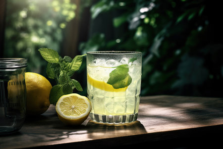 ai generated illustration of  selective focus of A glass with ice and lemon on a table in the gardenの素材