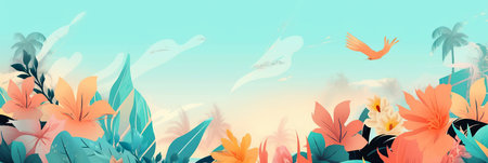 ai generated illustration of  tropical island with beach, floral , flower and plant as foregroundの素材