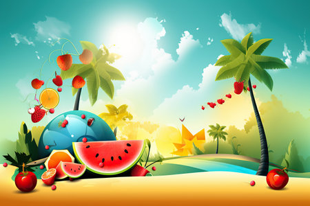 ai generated illustration of  tropical island with beach and palm trees, tropical fruits, Sunny ocean vacation landscape.の素材