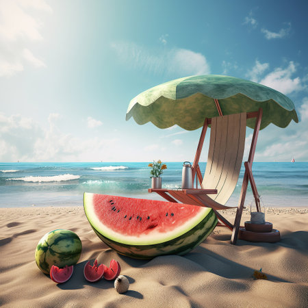 ai generated illustration of beach umbrella with chairs on the sandの素材