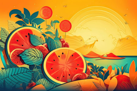 ai generated illustration of trendy and colourful of Summer with juicy fruits watermelon ,pineapple and othersの素材