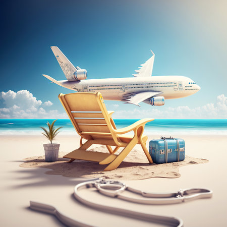 ai generated Illustration of vacation on tropical sunny beach and beautiful sand. airplane, baggage and sunny turquoise sea and beach chairの素材