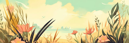 ai generated illustration of  tropical island with beach, floral , flower and plant as foregroundの素材