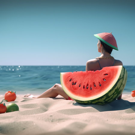 ai generated illustration of freshness of big slice of watermelon on the beachの素材