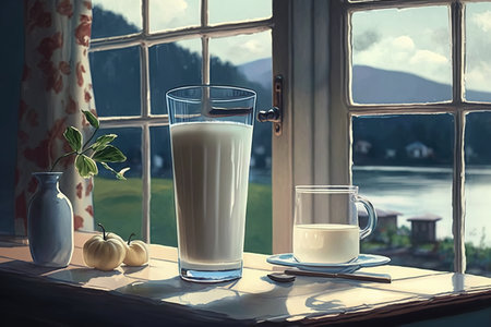 ai generated illustration of  a glass of milk sitting on top of a wooden table next to a white window.の素材