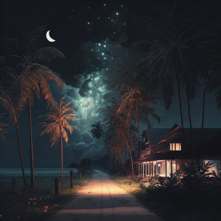 ai generated of  illustraction of rural area with coconut trees malay wooden house celebration of ramadanの素材