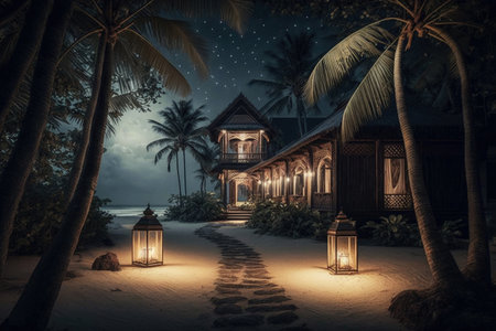 ai generated iillustration of wooden bungalow house by the beach surrounded by coconut trees , night sceneの素材