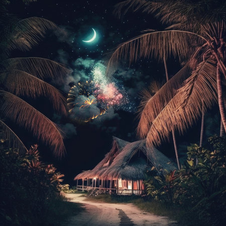 ai generated of  illustraction of rural area with coconut trees malay wooden house celebration of ramadanの素材