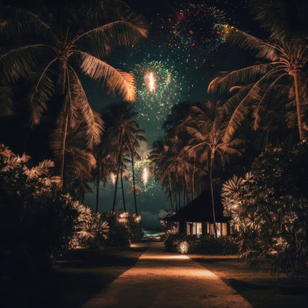 ai generated of  illustraction of rural area with coconut trees malay wooden house celebration of ramadanの素材
