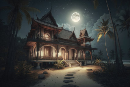 ai generated iillustration of wooden bungalow house by the beach surrounded by coconut trees , night sceneの素材