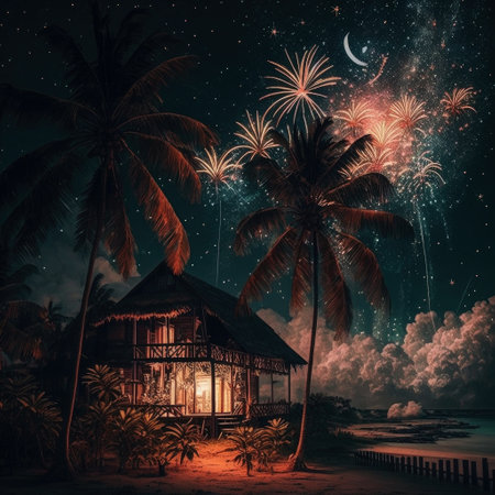 ai generated of  illustraction of rural area with coconut trees malay wooden house celebration of ramadanの素材