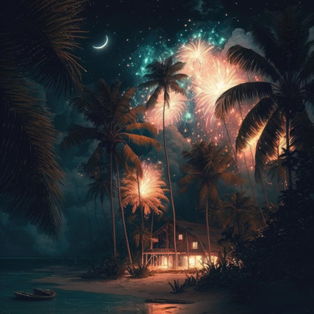 ai generated of  illustraction of rural area with coconut trees malay wooden house celebration of ramadanの素材