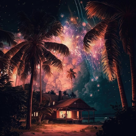ai generated of  illustraction of rural area with coconut trees malay wooden house celebration of ramadanの素材