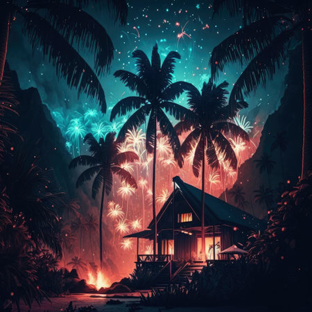 ai generated of  illustraction of rural area with coconut trees malay wooden house celebration of ramadanの素材