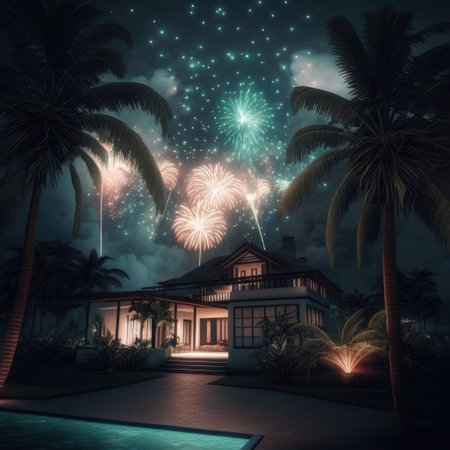 ai generated of  illustraction of rural area with coconut trees malay wooden house celebration of ramadanの素材
