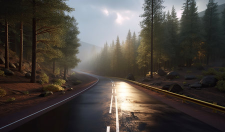 Ai generated illustration of  highway in mountains with trees along the roadの素材