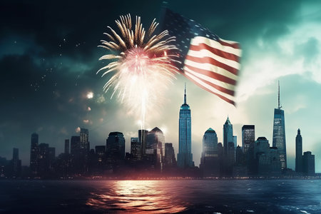 Ai generated illustration Patriotic spirit of the United States, with an American flag unfurled against a backdrop of colorful fireworks celebrating Independence Dayの素材