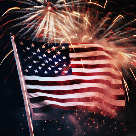 Ai generated illustration Patriotic spirit of the United States, with an American flag unfurled against a backdrop of colorful fireworks celebrating Independence Dayの素材