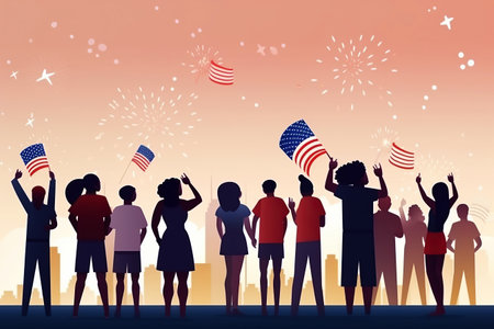 Ai generated illustration Patriotic spirit of the United States, with an American flag unfurled against a backdrop of colorful fireworks celebrating Independence Dayの素材